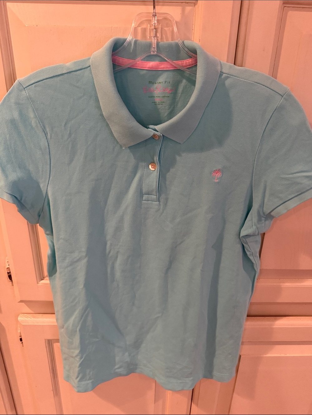 Lilly Pulitzer Aqua Polo with Pink Palm Logo